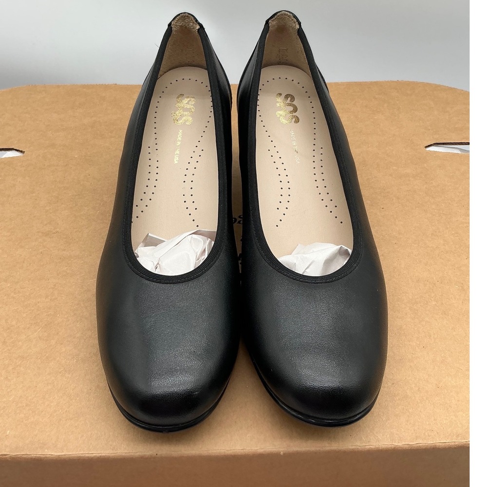 SAS Womens Black Leather Comfort Pumps Low Block Heel Made in USA Round Toe 7N - Picture 1 of 10